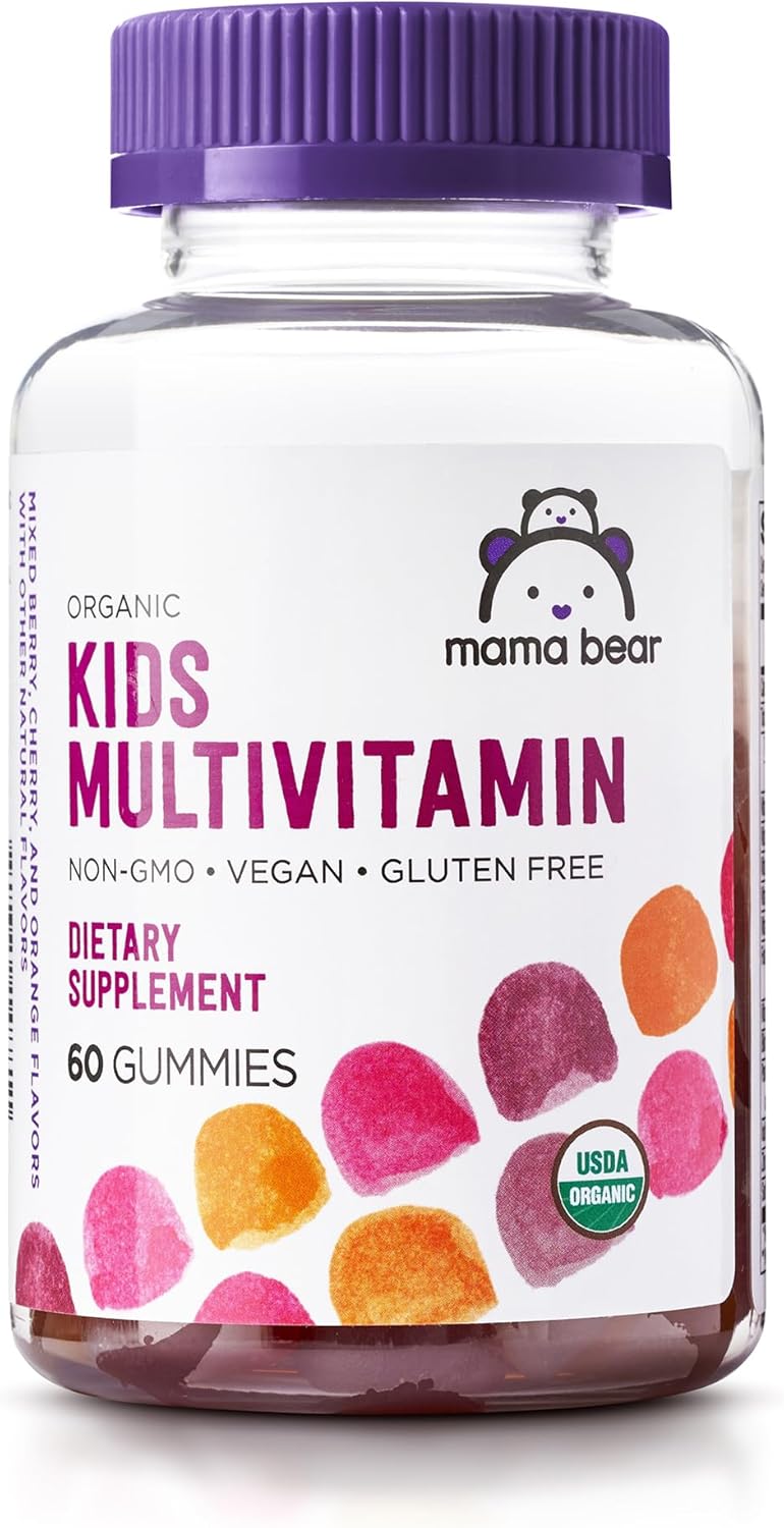 Amazon Brand - Mama Bear Organic Kids Multivitamin, 60 Gummies, 1 Month Supply (Packaging May Vary), Berry, Cherry & Orange