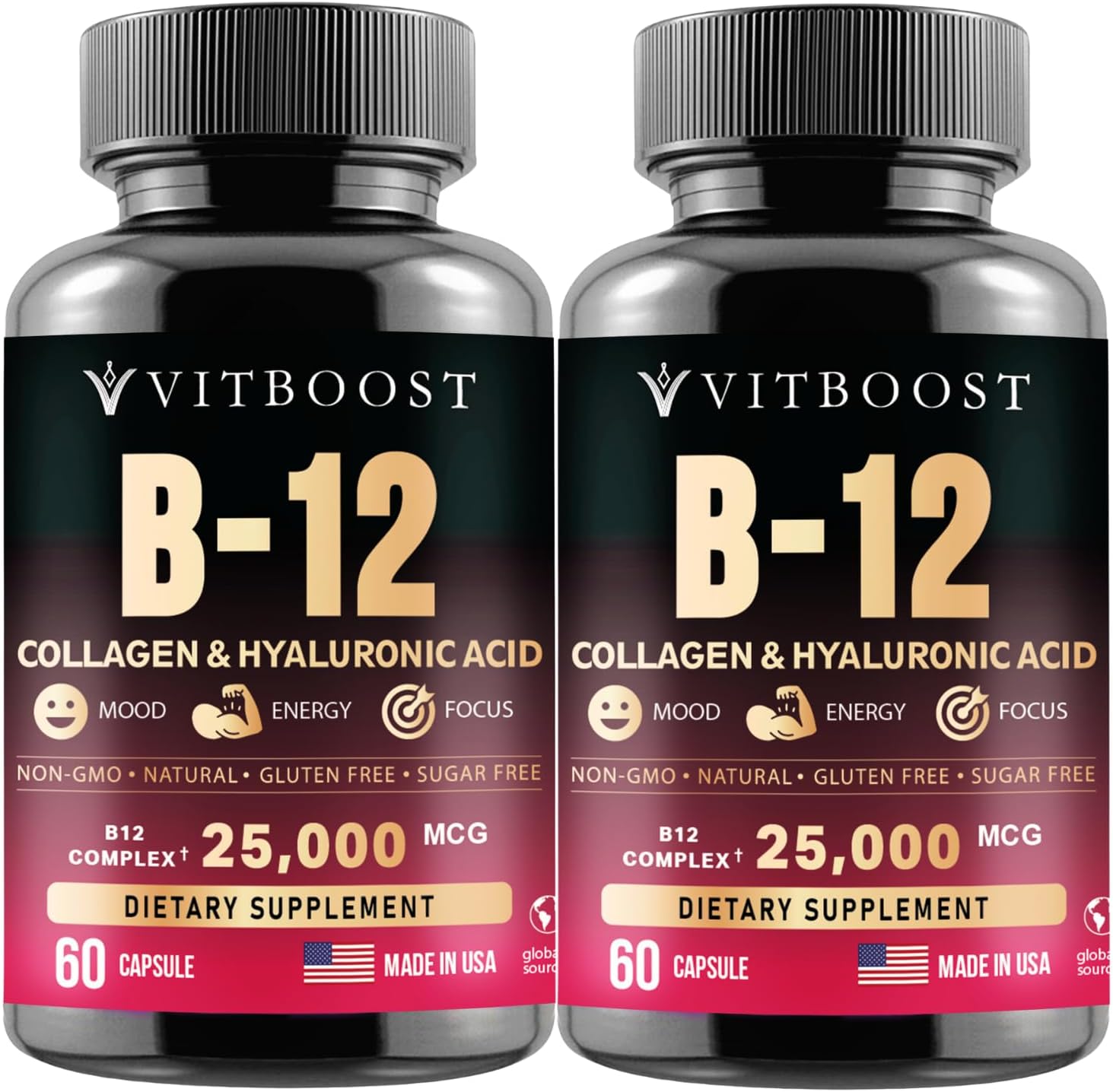 B12 Methylcobalamin with Hyaluronic Acid, Collagen, and Folate – 25000 mcg Supplement Enhance Absorption & Boost Energy | Gluten-Free, Made in USA, B1, B2, B3, B6, B7 Complex - Pack of 2