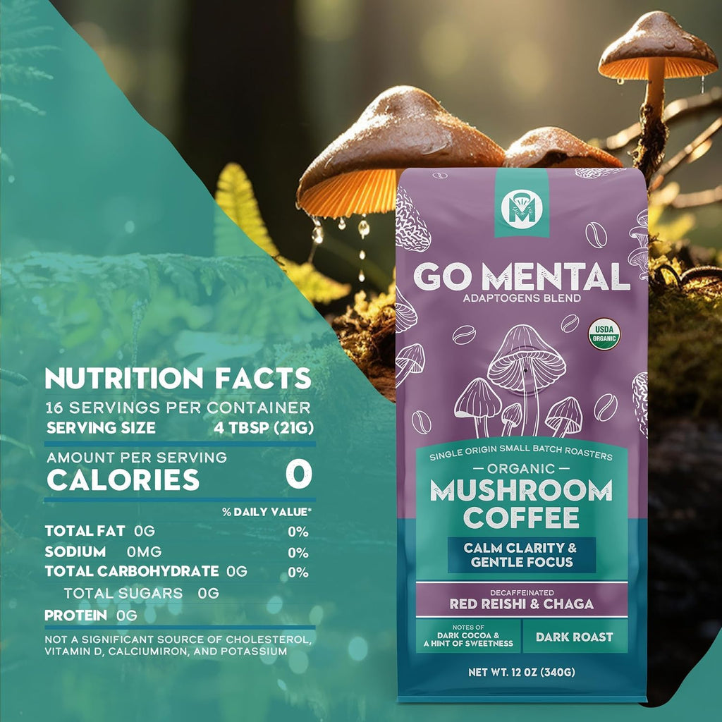 Organic Mushroom Decaffeinated Coffee Dark Roast, Swiss Water Water Process, Red Reishi & Chaga, Decaf for Calm and Relaxed Focus, Grade 1 Single Origin Peruvian 12oz - Ground (2 Pack)
