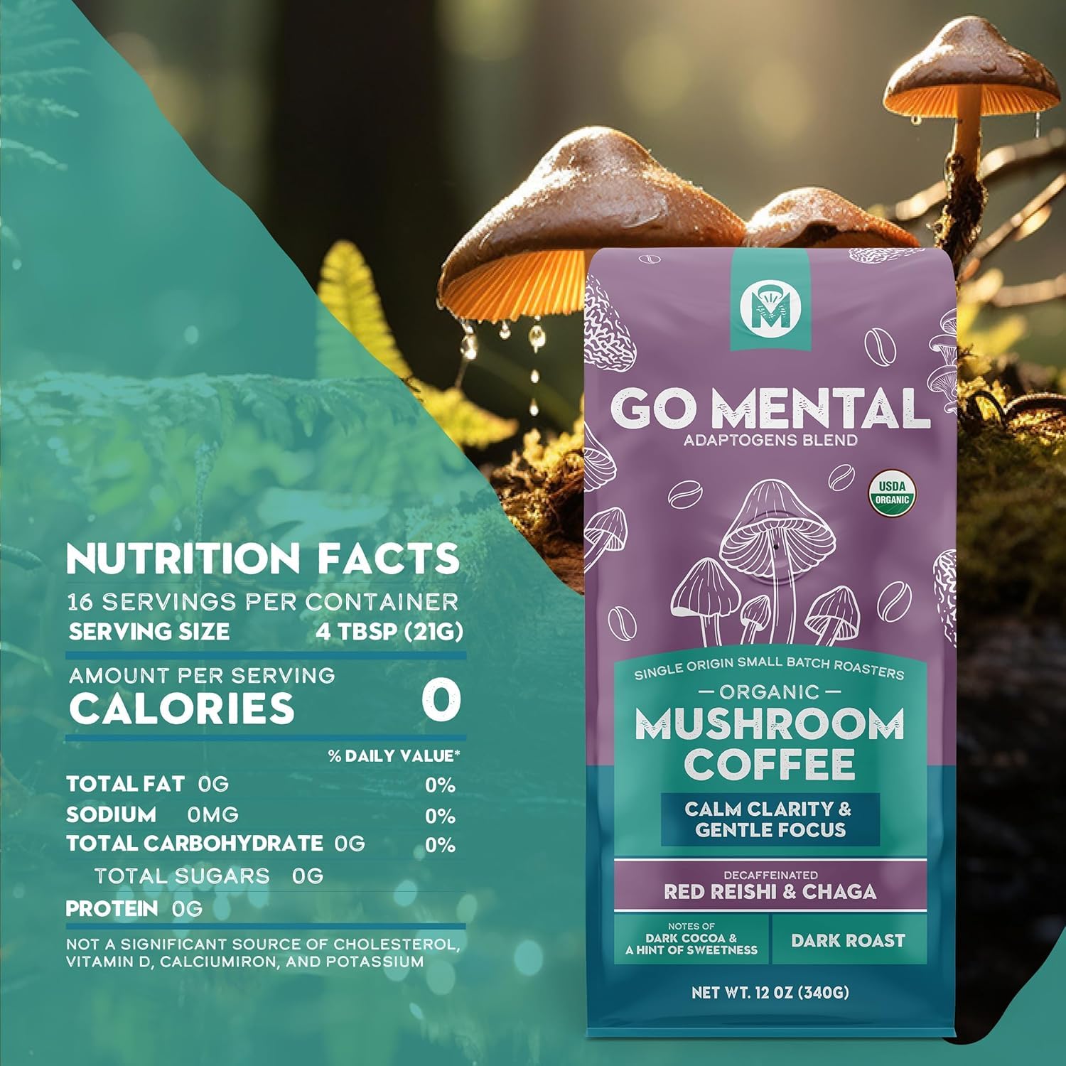 Organic Mushroom Decaffeinated Coffee Dark Roast, Swiss Water Water Process, Red Reishi & Chaga, Decaf for Calm and Relaxed Focus, Grade 1 Single Origin Peruvian 12oz - Ground (2 Pack)