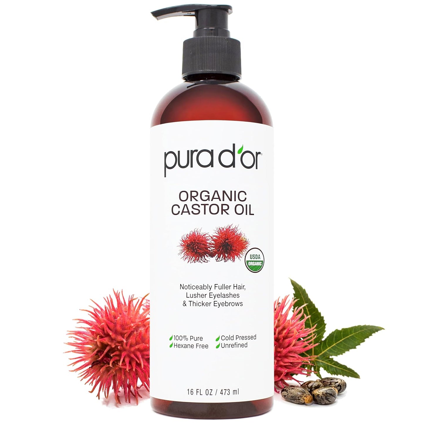 PURA D'OR 16 Oz Organic Castor Oil – Pure Cold-Pressed Hexane-Free USDA Certified – Lashes Brows Hair Scalp Skin – Botanical Moisturizer for Softness Strength Hydration Shine Radiance – Bulk Size