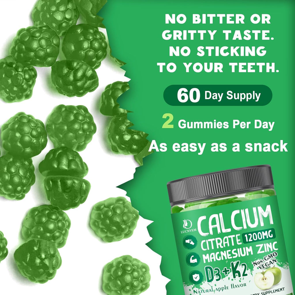 (2 Pack) Calcium Citrate 1200 mg with Vitamin D3 Gummies for Women & Men, Calcium Magnesium Zinc with Vitamin D3 K2 Supplement for Bone & Teeth Support, Natural Apple Flavor - 60 Day Vegan Supply