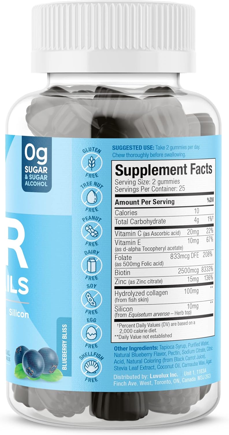 SUKU Vitamins - Luscious Hair - Silicon Biotin and Hydrolyzed Marine Collagen Gummies for Skin, Hair & Nails - Easy to Chew - Non GMO, Gluten Sugar Free - Blueberry Flavored Gummy Vitamins - 50 Count