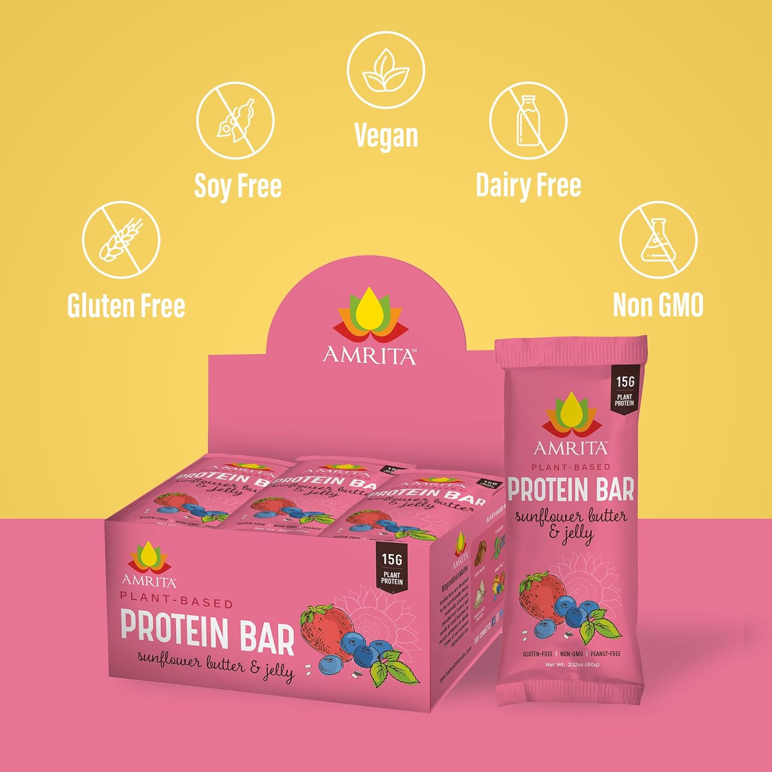 Amrita Nut Free Sunflower Butter & Jelly Vegan Protein Bars ( 12 CT PK of 3 ) | 11g Plant-Based Protein Bar | Peanut Free, Gluten Free, and Dairy Free | Low Sugar, High Fiber, Healthy School-Safe Snacks