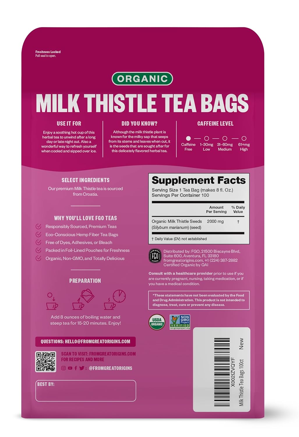 FGO Organic Milk Thistle Tea, 100 Count, Eco-Conscious Herbal Tea Bags, Resealable Bag, Caffeine Free, Packaging May Vary (Pack of 1)