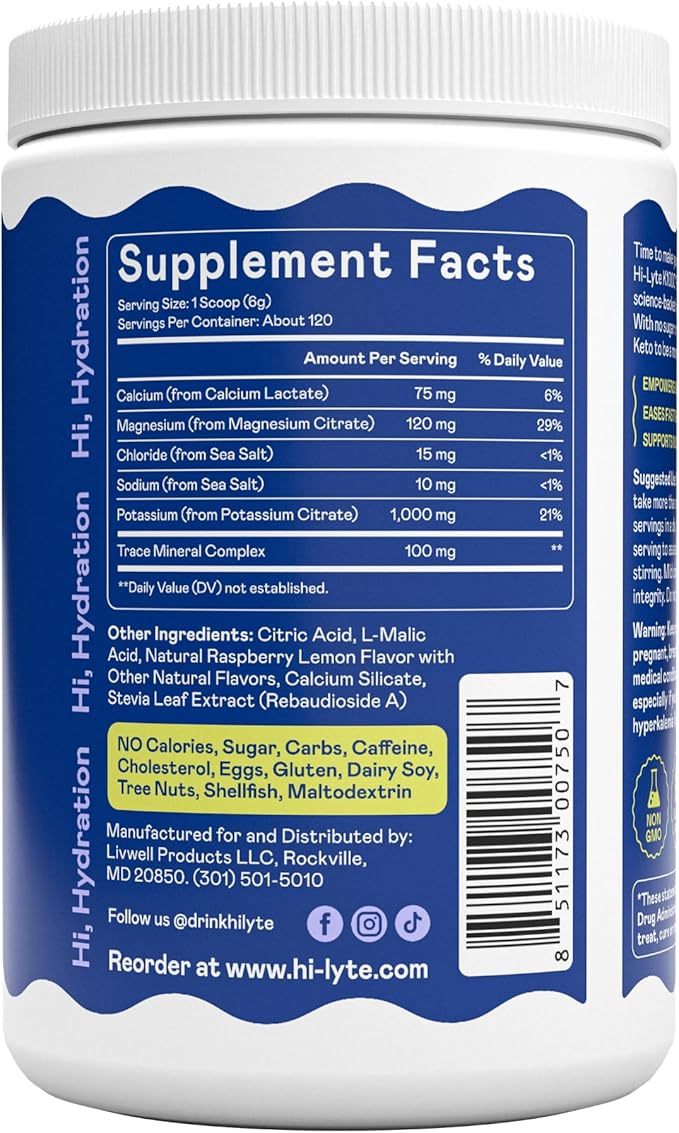 Hi-Lyte Keto K1000 Electrolytes Powder | Raspberry Lemon | Hydration Supplement Drink Mix | Boost Energy & Beat Leg Cramps | No Sugar, No Maltodextrin | 120 Servings