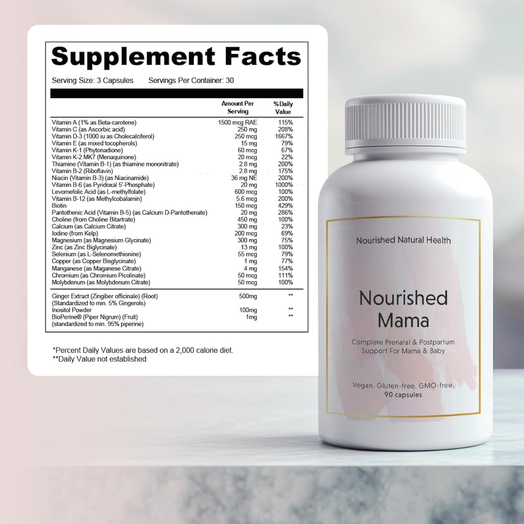 Nourished Mama Prenatal Multi Vitamin - Vegan Multivitamin for Preconception, Pregnancy, Postpartum and Breastfeeding Support - Iron-Free with Methylated Folate & High Dose Choline - 270 Capsules