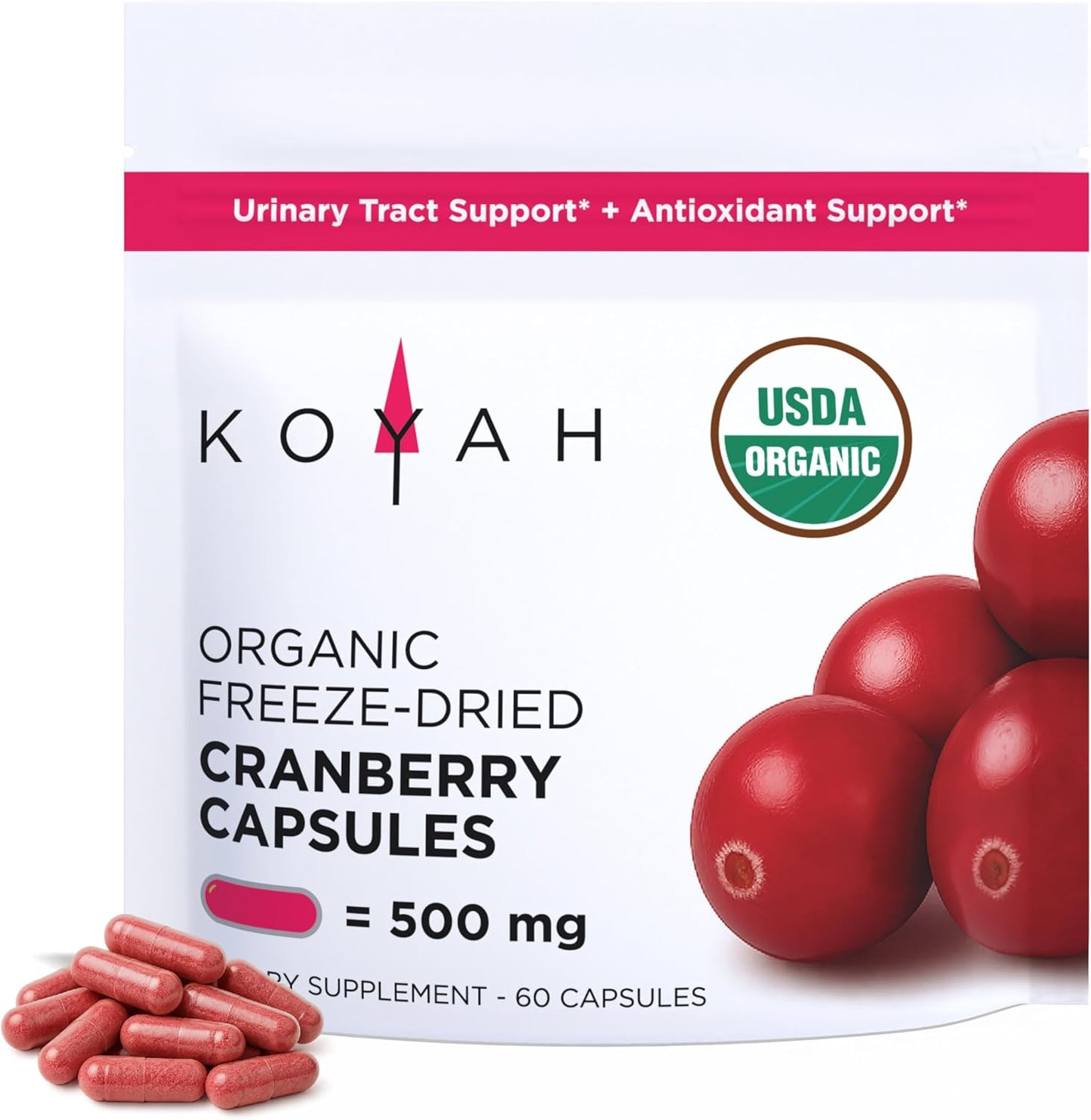 KOYAH - Organic Cranberry Capsules – 500 mg, Freeze-Dried, Whole-Berry, Vegan, Non-GMO, Supports Urinary Tract & Antioxidant Health, 60 Capsules