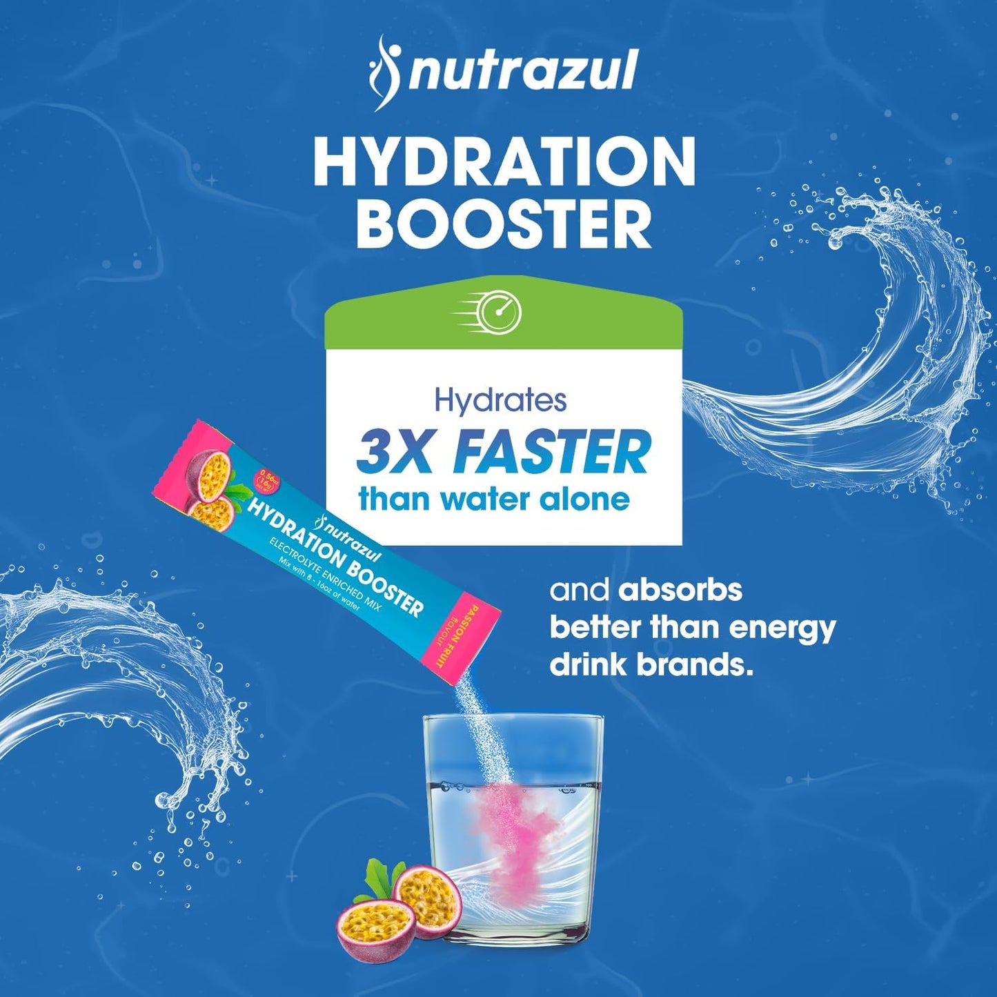 nutrazul Hydration Booster, Electrolytes Powder Sticks with Sodium, Potassium, Vitamin B6 & B12, No Artificial Sweeteners, Passion Fruit Flavor, 30 Sticks