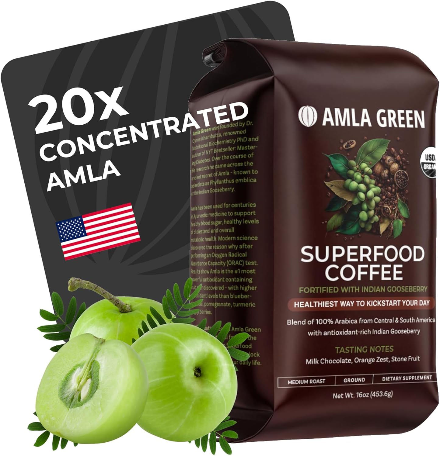 Amla Green Organic Ground Superfood Coffee, Medium Roast Gourmet Coffee with Antioxidant Rich Indian Gooseberry, 100% Arabica Specialty Coffee, 16 Oz