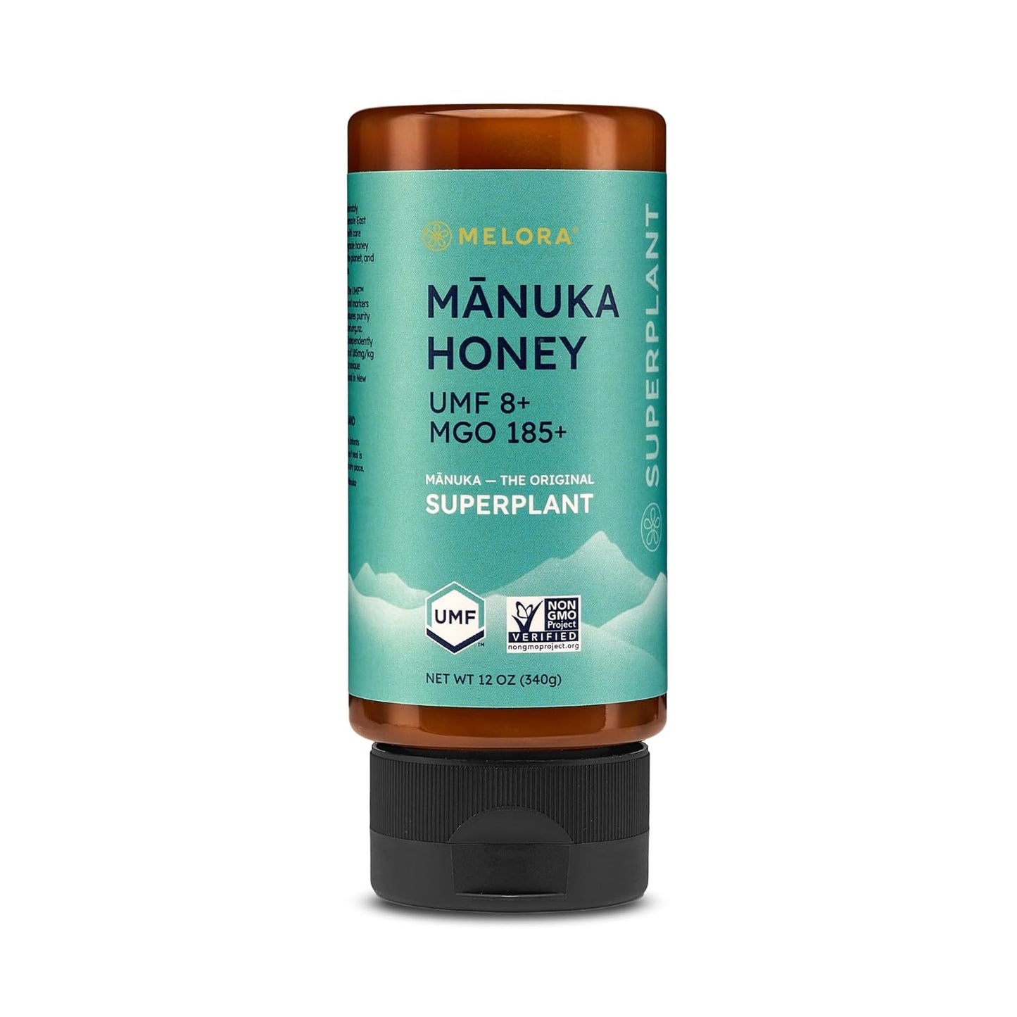 Melora Manuka Honey New Zealand Raw Honey | Pure, Unfiltered, Unpasteurized Honey | Organic Squeeze Bottle | UMF 8+ | MGO 185+ | 12 oz