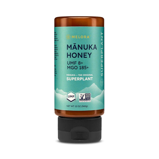Melora Manuka Honey New Zealand Raw Honey | Pure, Unfiltered, Unpasteurized Honey | Organic Squeeze Bottle | UMF 8+ | MGO 185+ | 12 oz