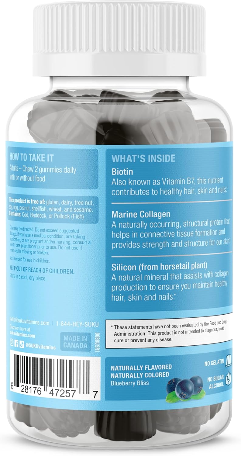 SUKU Vitamins - Luscious Hair - Silicon Biotin and Hydrolyzed Marine Collagen Gummies for Skin, Hair & Nails - Easy to Chew - Non GMO, Gluten Sugar Free - Blueberry Flavored Gummy Vitamins - 50 Count