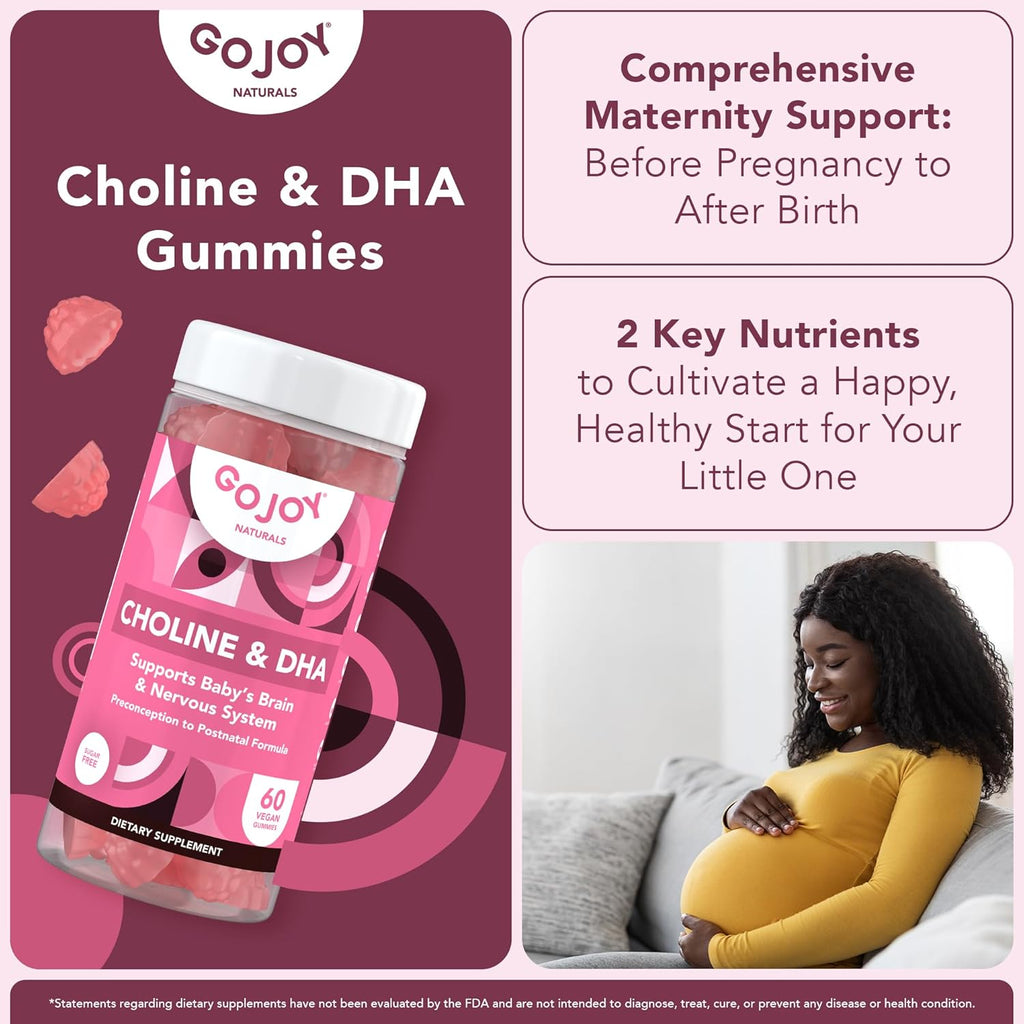 Prenatal Choline & DHA Gummies - Preconception to Postnatal Gummy Vitamin Supplement for Pregnant Women - Sweetened with Monk Fruit - 3rd Party Tested - Non GMO, Gluten Free, Vegan