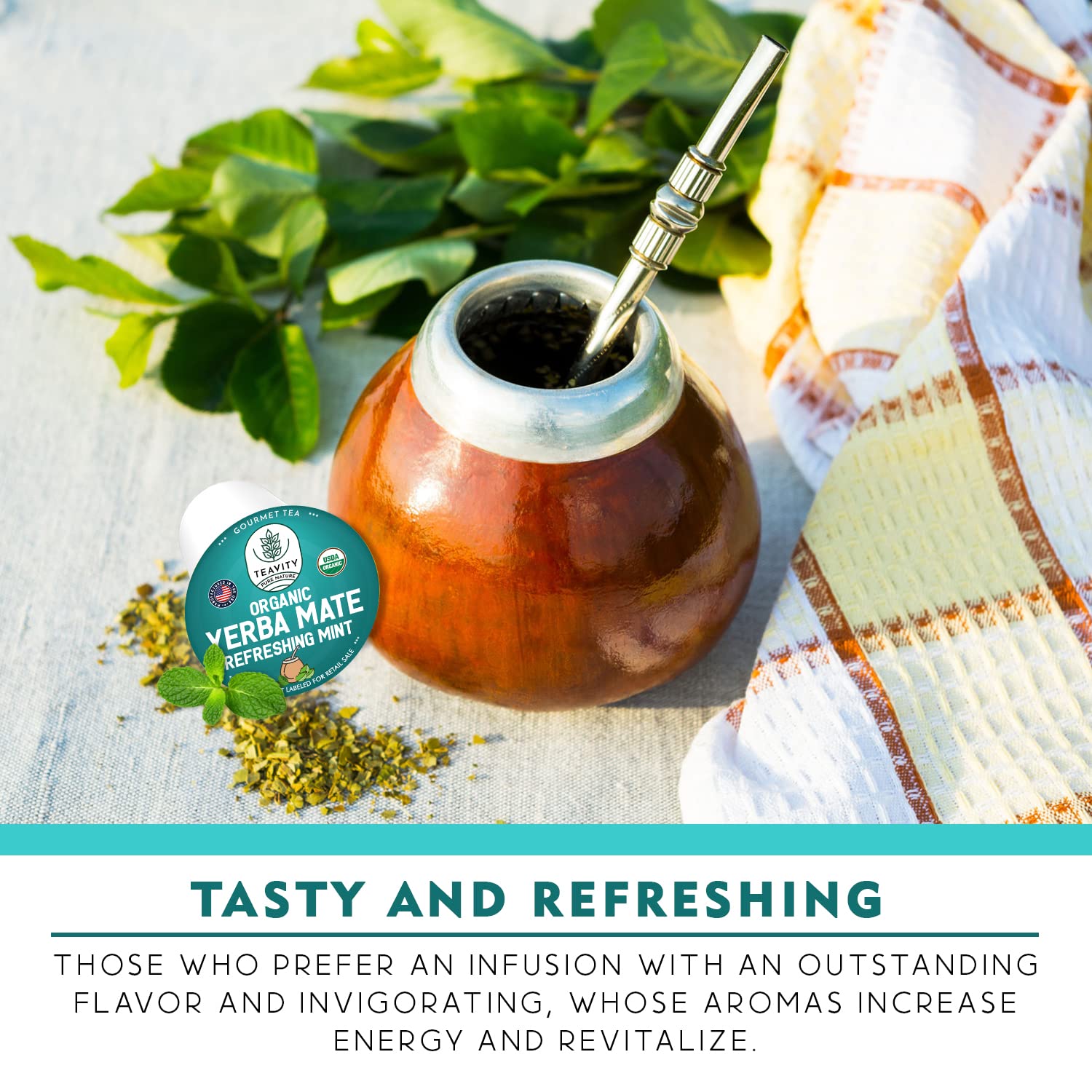 Organic Yerba Mate Refreshing Mint Tea Pods - Naturally Caffeinated Yerba Mate Tea Pod for Keurig Brewers by Teavity (24 Tea Pods)