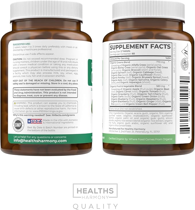 USDA Organic Super Greens Supplement - Organic Greens Fruits and Vegetable Supplement for Adults with 28 Superfood Complex with Superfruits Roots Herbs & More - Vegan & Non-GMO (Up to 2 Month Supply)