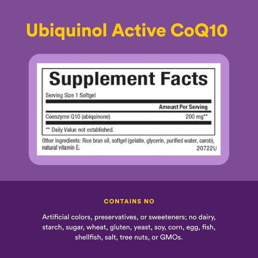 Natural Factors Coenzyme Q10 200 mg, Natural Coenzyme Q10 Supplement for Energy, Heart and Cognitive Support, 30 Softgels