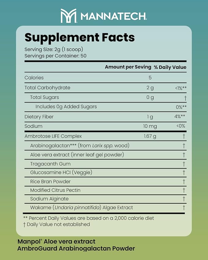 Immune Support Supplement, Mannatech Ambrotose Life (Powder) 100g, Supports Cell-to-Cell Communication and a Healthy Immune Defense, with Manapol Powder Pure 100% Natural Aloe Vera Supplement