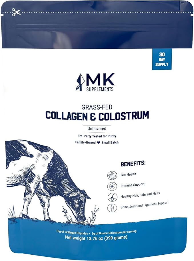 MK Supplements Collagen & Colostrum – Grass-Fed Bovine Collagen & Bovine Colostrum Powder – Skin, Gut, Joint & Immune Support – Keto, Paleo, Carnivore Friendly – No Additives
