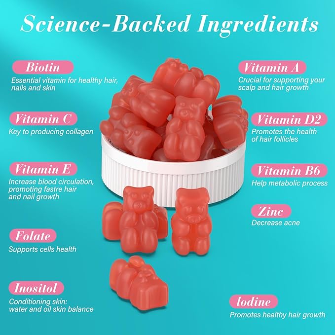 Biotin Gummies -Hair Skin and Nails Vitamins for Men & Women, Vegan Vitamin B7, Supports Hair Growth and Stronger Nails,90 Day Supply-Strawberry-180 Counts