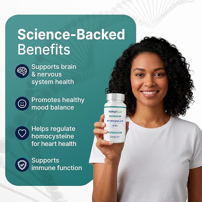 Methyl-Life® L-Methylfolate 15 mg for Women & Men – Active Folate Supplement with ultrapure Cerebrofolate® (L-5-MTHF Calcium) – High Bioavailability B9 Support – Tasty Chewable Tablets | 90 Count