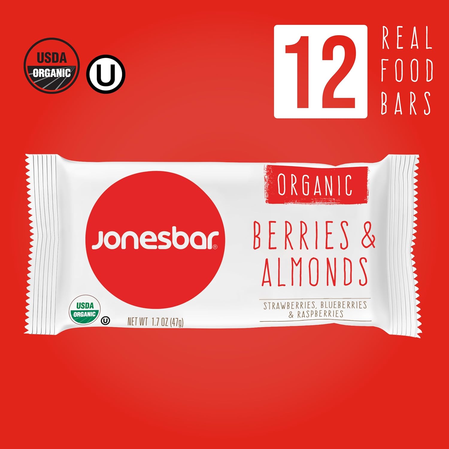 JONESBAR Organic Plant Based Protein Bars | Berries and Almonds | Fruit & Nut Bar, Kosher, Gluten Free, Breakfast Bars, School Snacks, Vegan Snack & Healthy Snacks for Adults and Kids (Pack of 12)