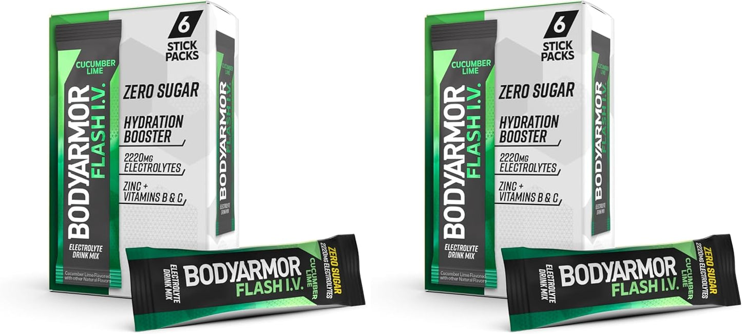 BODYARMOR Flash IV Electrolyte Packets, Cucumber Lime - Zero Sugar Drink Mix, Single Serve Packs, Coconut Water Powder (6 Count) (Pack of 2)