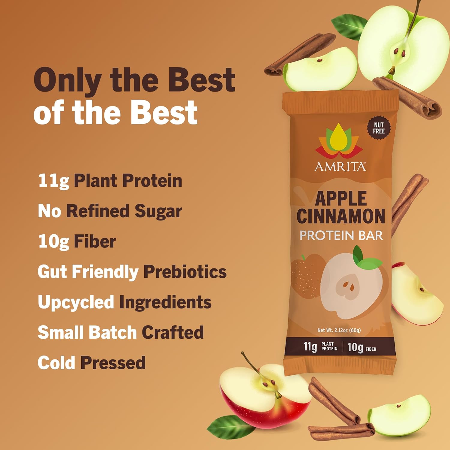 Amrita Nut Free Apple Cinnamon Vegan Protein Bars (12 Count) | 11g Plant-Based Protein Bar | Peanut Free, Gluten Free, and Dairy Free | Low Sugar, High Fiber, Healthy School-Safe Snacks