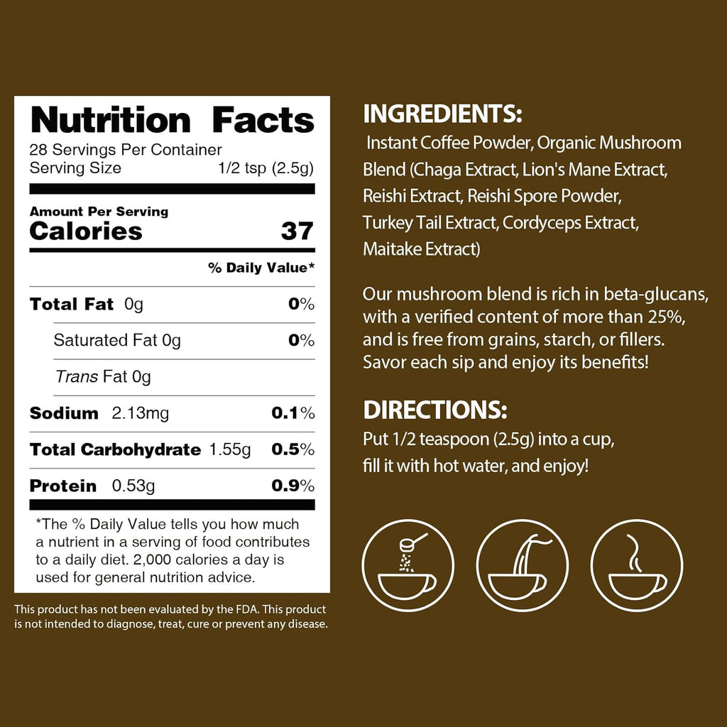 GANOHERB Mushroom Coffee Instant Powder, Medium Roast Arabica Coffee with Lion’s Mane, Chaga, Turkey Tail, Reishi, Maitake, Cordyceps for Focus & Energy, 28 Servings