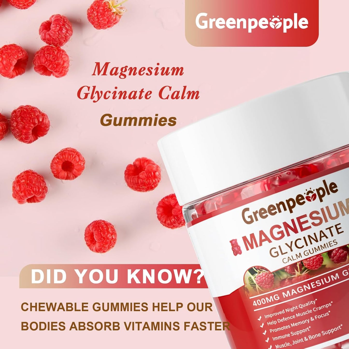 GREENPEOPLE Magnesium Glycinate Gummies 400mg - Sugar Free Magnesium Supplement with Magnesio Malate, Vitamin D, B6, and CoQ10 for Calm Support & Sleep for Adults - Raspberry Gummies