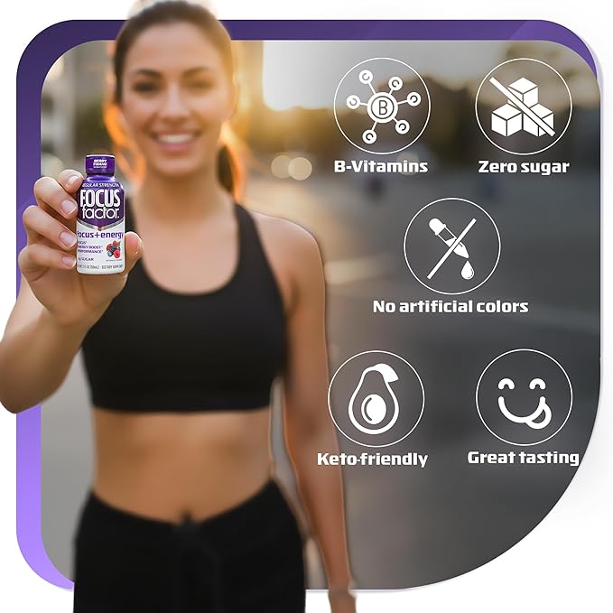 Focus Factor Focus + Energy Shots - 12 x 2oz Bottles (Berry Twang Flavor) - Powered by Nootropics with Caffeine, L-Theanine, Ginkgo, Bacopa, L-Tyrosine, Alpha GPC