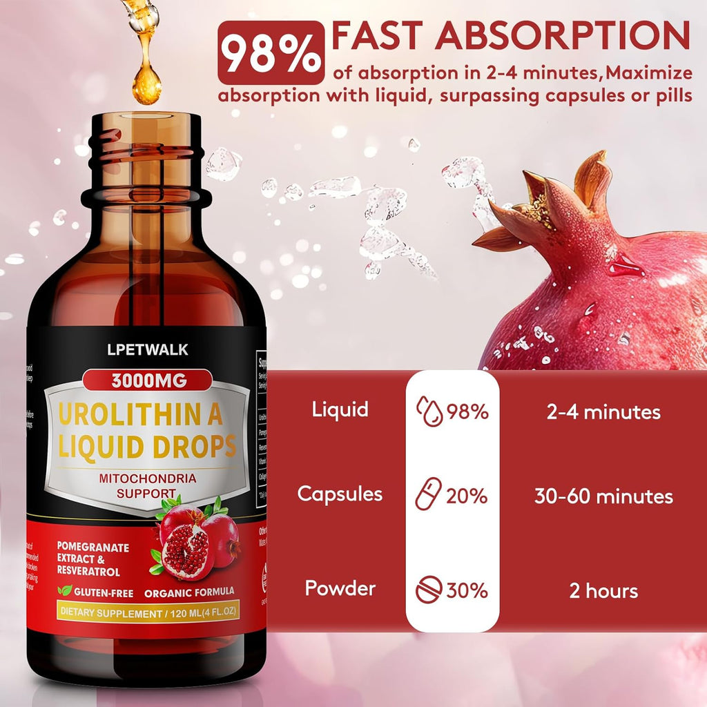 4 Fl Oz Urolithin A Liquid Drops with Pomegranate Extract - Urolithin a Supplement - Big Capacity (120ml)