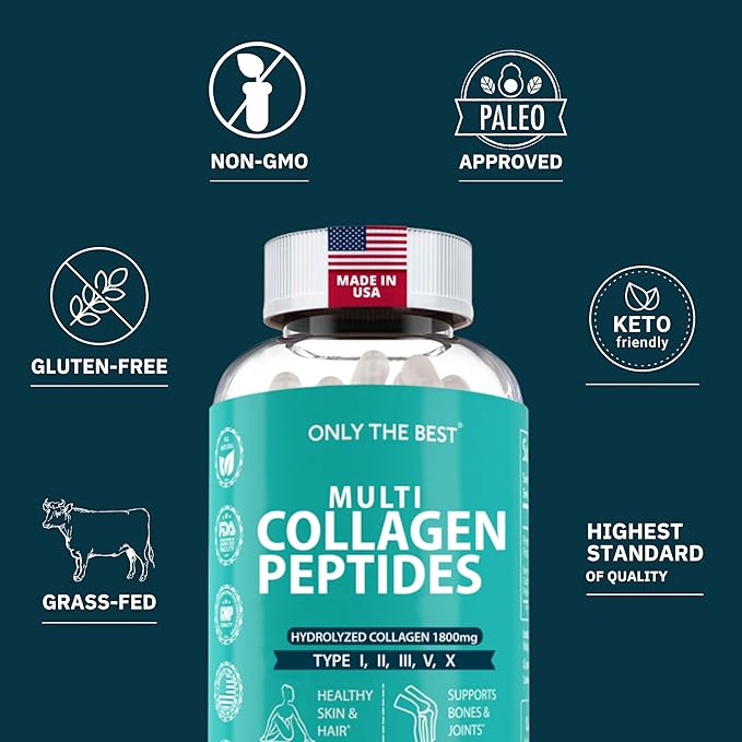Premium Multi Collagen Peptides Capsules 1800mg - Types I, II, III, V, X To Support Skin, Hair, Nails - Helps Bones, Joints, Muscles, & Digestive Health* Hydrolyzed Collagen Supplement 90 Capsules