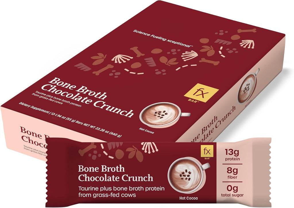 Fx Bone Broth Protein Bar - 13g Protein with Taurine + Grass Fed Collagen for Healthy Aging, Skin + Gut Health - 0g Sugar, Chocolate Crunch Flavor (12 Bars)