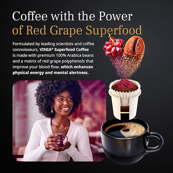 VINIA Medium Dark Roast with Red Grape Piceid Resveratrol, Nitric Oxide for Heart Health, Alertness, Physical Energy & Blood Flow Circulation. 60ct K-Cup Pods