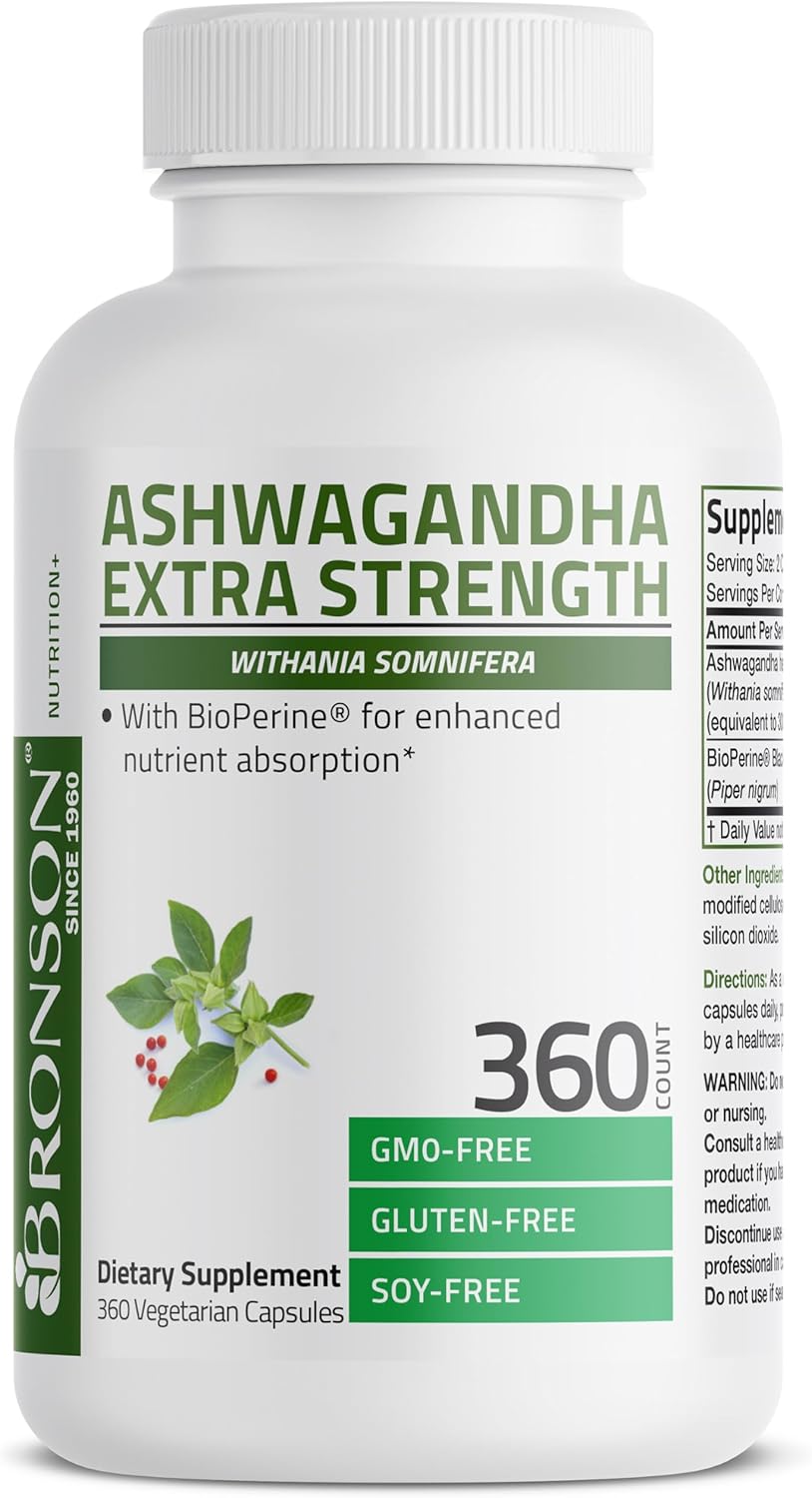Bronson Ashwagandha Extra Strength Stress & Mood Support with BioPerine - Non GMO Formula, 360 Vegetarian Capsules
