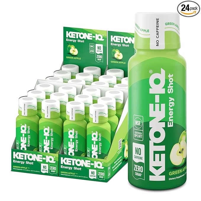 Ketone-IQ No Caffeine Exogenous Ketones Energy Shots - 24 Pack of Caffeine Free Energy Drinks with 10g Ketones - Sugar Free, Salt Free, and All Natural (Green Apple)