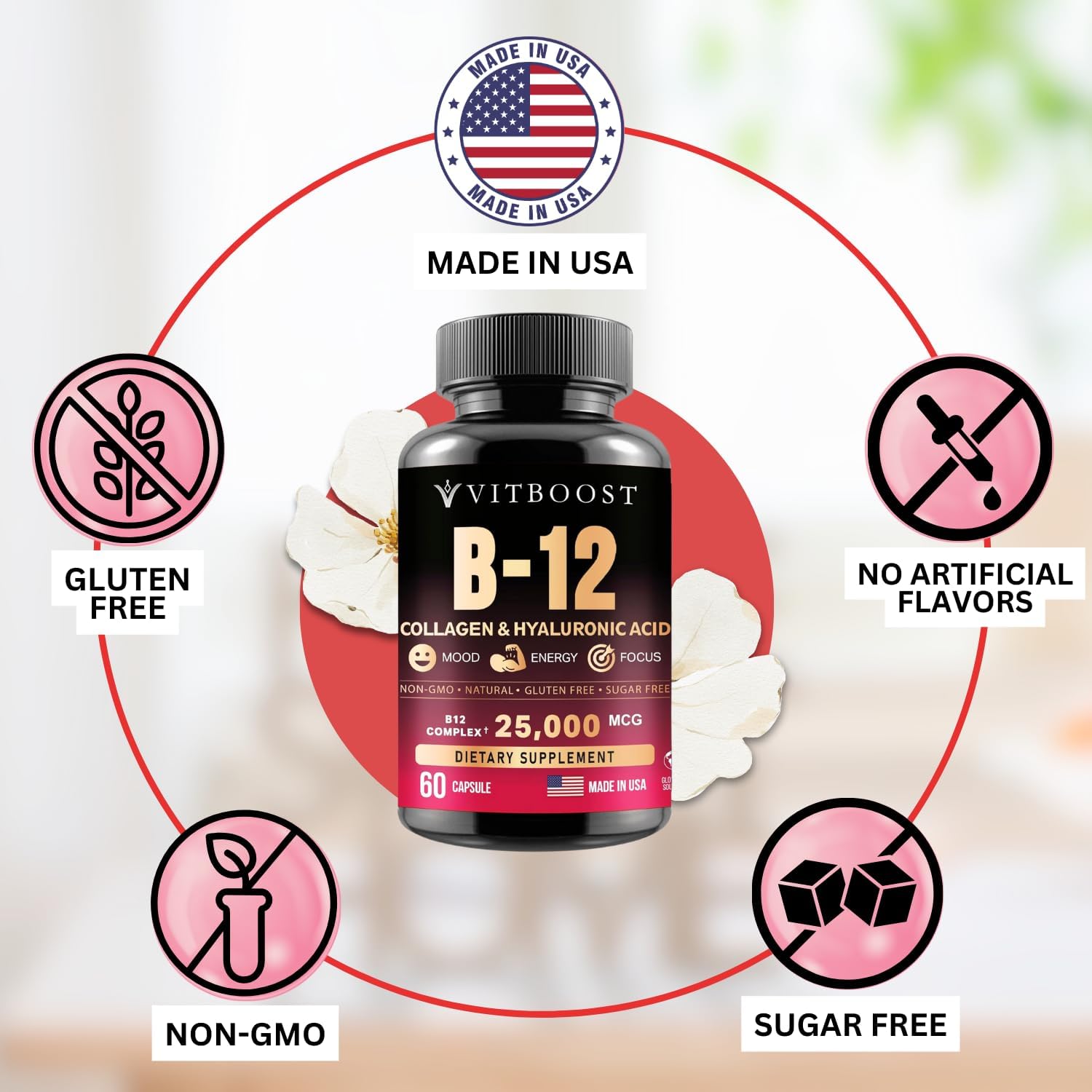 B12 Methylcobalamin with Hyaluronic Acid, Collagen, and Folate – 25000 mcg Supplement Enhance Absorption & Boost Energy | Gluten-Free, Made in USA, B1, B2, B3, B6, B7 Complex - Pack of 2