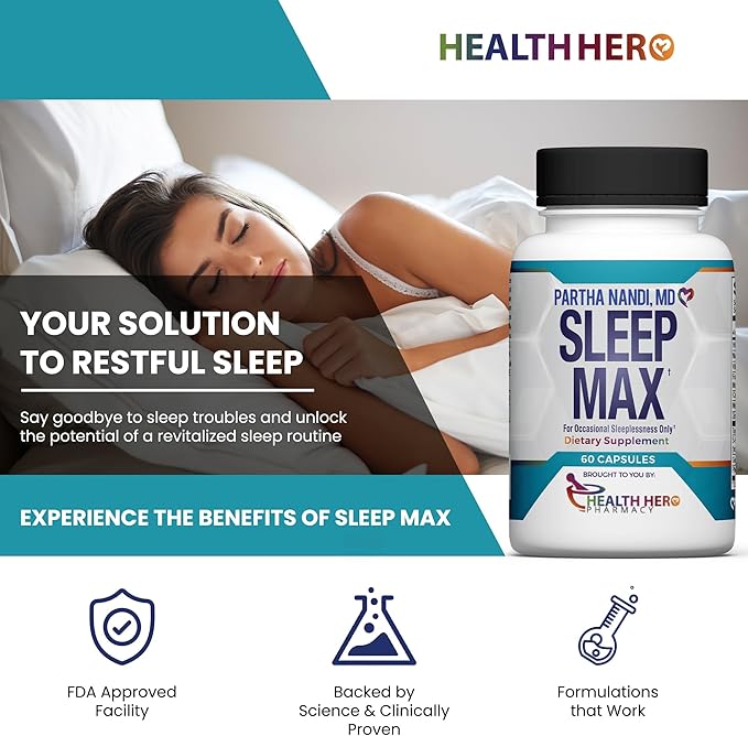 Sleep Max Natural Sleep Aid – Magnesium, GABA, 5-HTP & Taurine – REM Sleep & Deep Sleep Supplement Without Melatonin – Non-Habit Forming Vegan Herbal Sleep Aid – Non-GMO – 60 Capsules