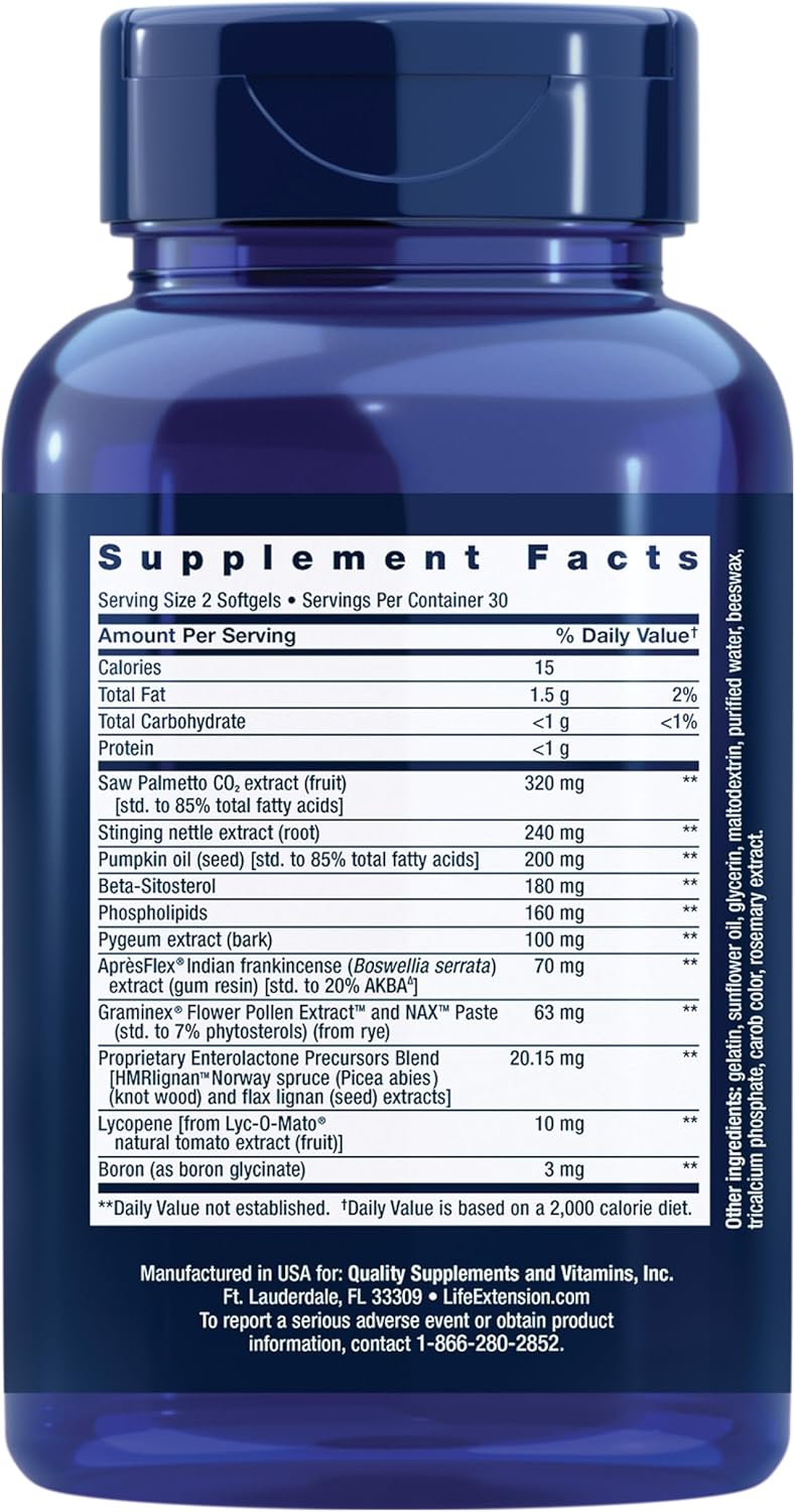 Life Extension Ultra Prostate Formula, Saw Palmetto for Men, pygeum, stinging Nettle Root, lycopene, Prostate Health, Urination Flow, PSA, Non-GMO, Gluten-Free, 60 softgels