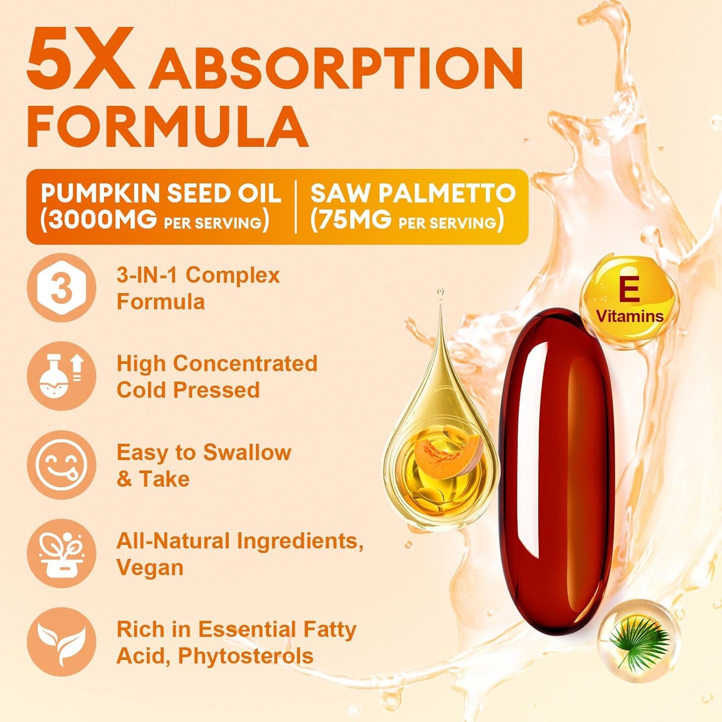 Pumpkin Seed Oil with Saw Palmetto Capsules, High Concentrated Pumpkin Seeds Oil Supplement, Cold Pressed, Supports Hair, Urinary, Bladder & Prostate Health, Vegan, Non-GMO, 180 Softgels