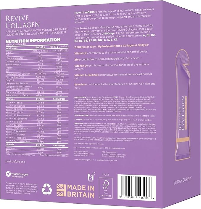 Revive Collagen Menopause Beauty Sleep — Hydrolyzed Marine Collagen Drink for Women, 7,500MG, Zinc, Chicory Root Fiber, Vitamin D & K, Supports Sleep Quality, Apple & Blackcurrant Flavour — 28 Sachets