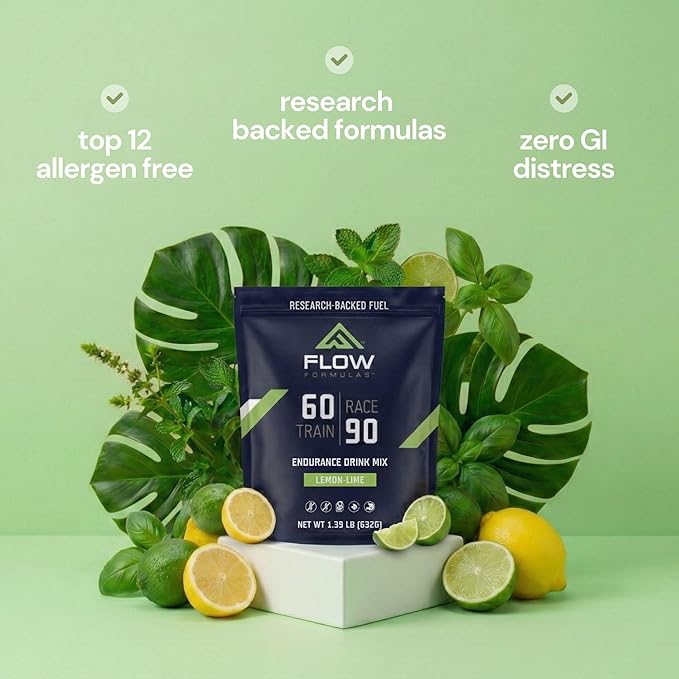 Flow Formulas Lemon Lime Endurance Drink Mix, Top 12 Allergen-Free, Carbohydrate & Electrolyte Sports Fuel Powder for Performance Training, High Carb Hydration Exercise Support, Gluten-Free, 10 Serv