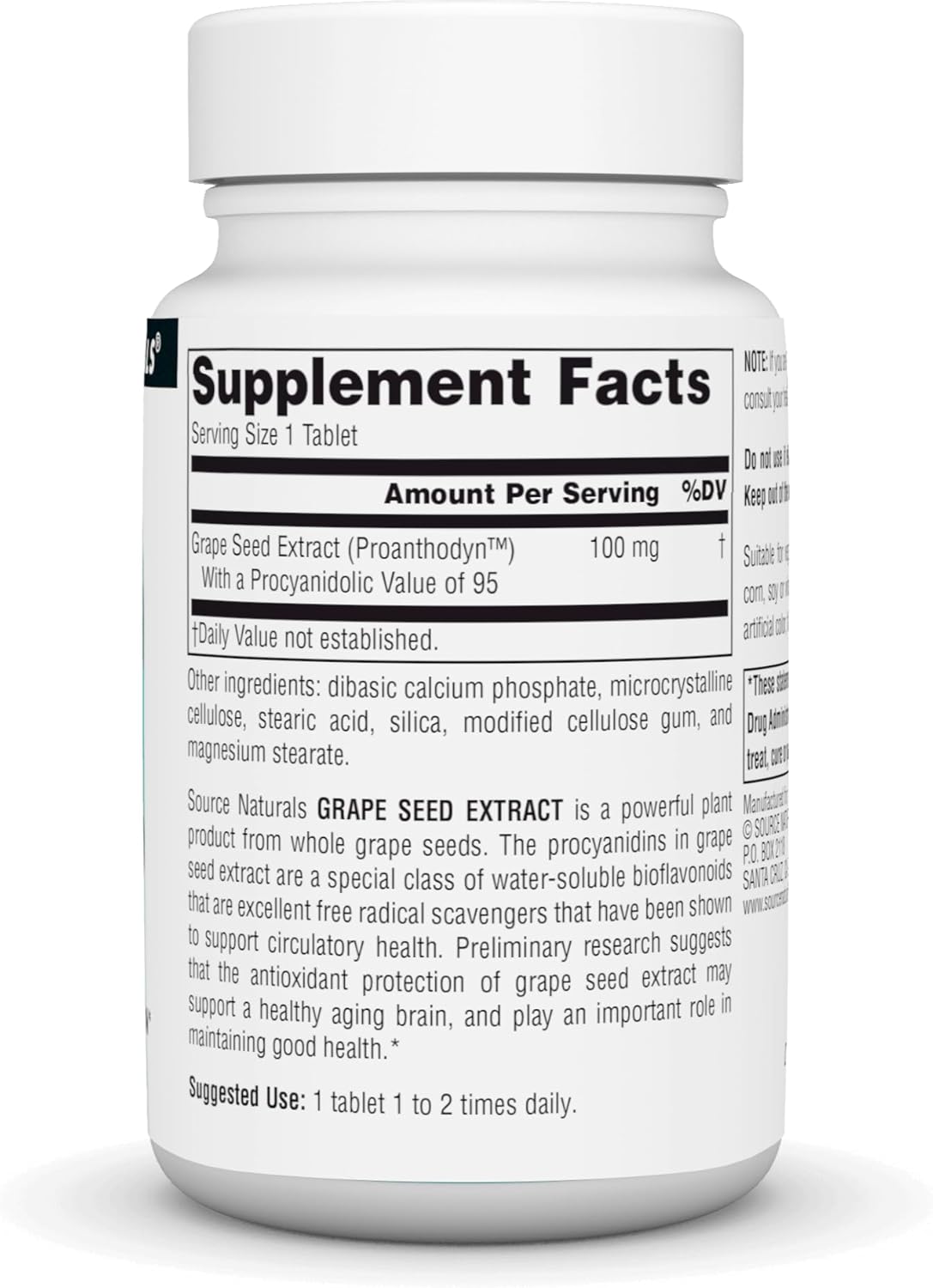 Source Naturals Grape Seed Extract, Proanthodyn 100 mg Antioxidant Protection & Supports Healthy Aging Brain - 120 Tablets