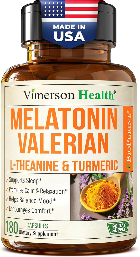 Melatonin Sleep Aid with L Theanine & Valerian Root – Turmeric Supplement – Turmeric Curcumin with Ginger & Black Pepper – L-Theanine & Melatonin 3mg for Sleep, Calm and Stress Relief – 180 Capsules