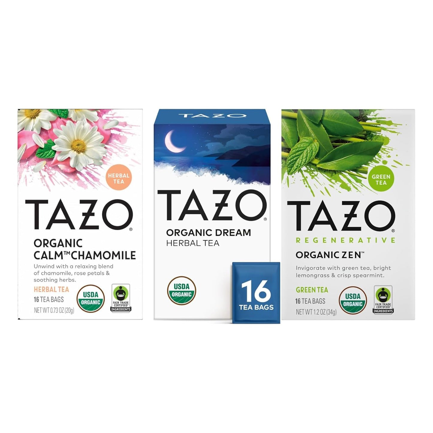 TAZO Tea Bags, Regenerative Organic Zen, Calm Chamomile & Herbal Organic Dream 16 CT (1ea) (Variety Pack)