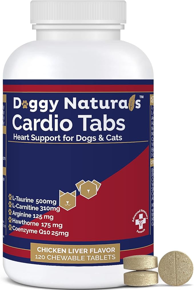 Cardio Tabs Heart Support Supplement for Dogs - Aids Cardio Support and Cardio Strength Supplement for Dog, L-Taurine, L-Carnitine, Hawthorn, L Arginine, Coenzyme Q10 - Made in USA - 120 Tablet