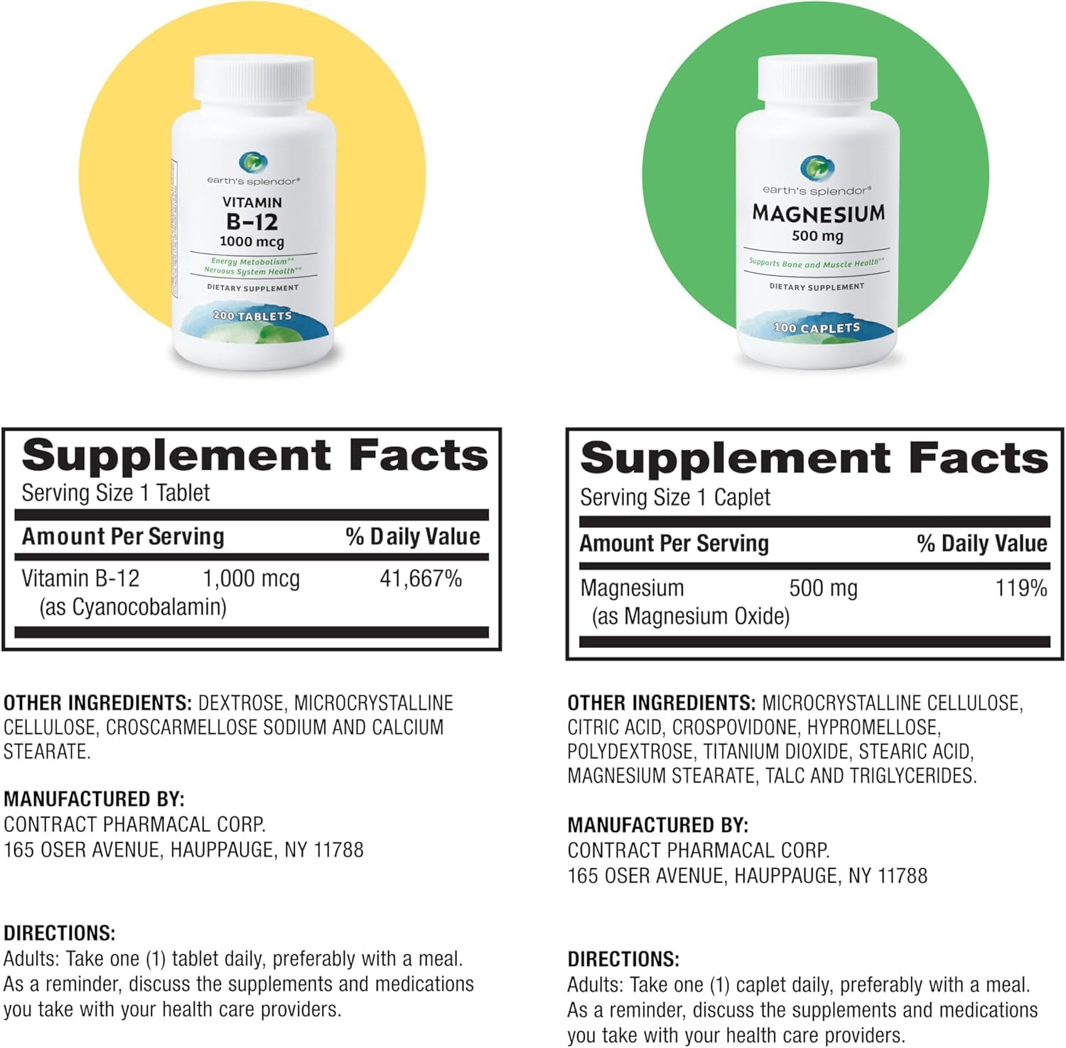 Earth's Splendor Energy + Muscle Support Energy Supplements: Vitamin B12 & Magensium, Gluten & Wheat Free, No Artificial Flavors & Preservative: Helps Metabolism, Bone & Muscle Health