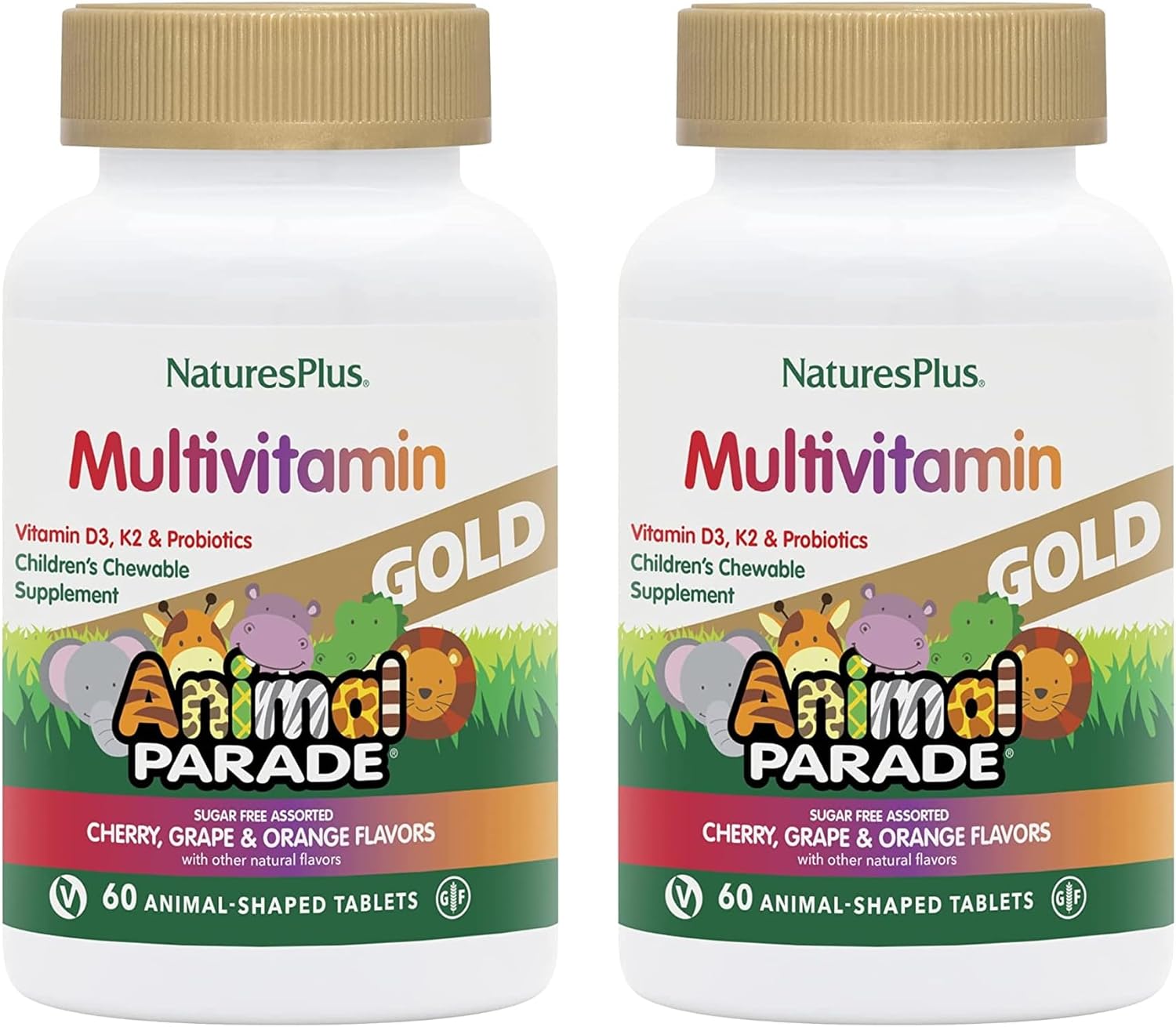 Natures Plus Animal Parade Gold Children's Multivitamin - Assorted Cherry, Orange & Grape Flavors - 60 Chewable Tablets, Pack of 2 - Vegetarian, Gluten Free - 60 Total Servings