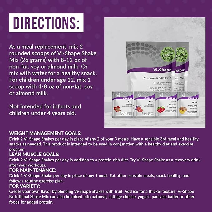 Vi-Shape - 4 Flavor Variety Pack Nutritional Meal Replacement Shake Mix-Ins - Chocolate, Strawberry, Raspberry, Banana Bread - 60 Mixed Flavor Packets